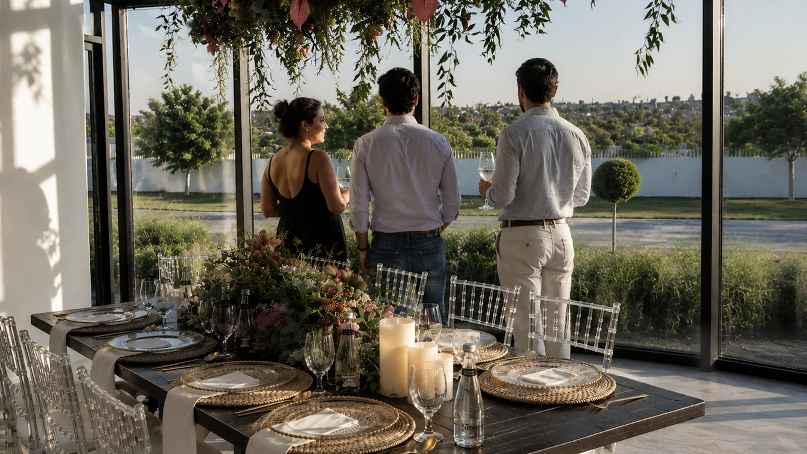 Une table dressée face à un paysage au coucher du soleil — l'ambiance d'un lieu raconté sur Instagram